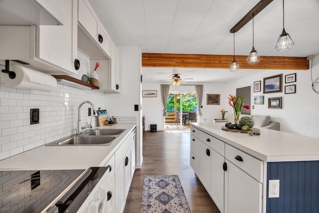 5131 Hanawai St Unit F, Lahaina, HI 96761 - kitchen featuring a sink, beamed ceiling, decorative backsplash, ceiling fan, and light countertops