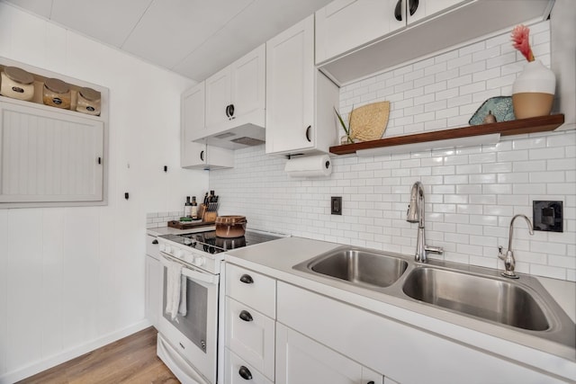 5131 Hanawai St Unit F, Lahaina, HI 96761 - kitchen featuring electric stove, open shelves, decorative backsplash, and a sink