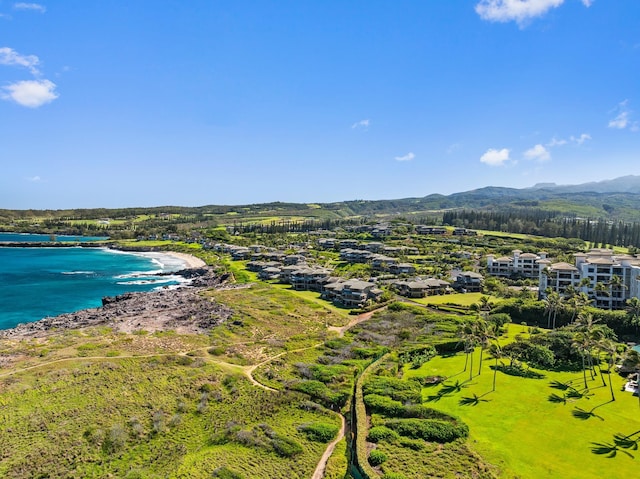 bird's eye view featuring a water and mountain view