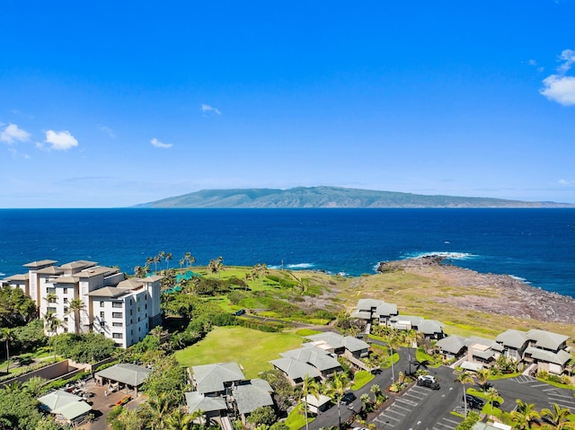 bird's eye view featuring a water and mountain view