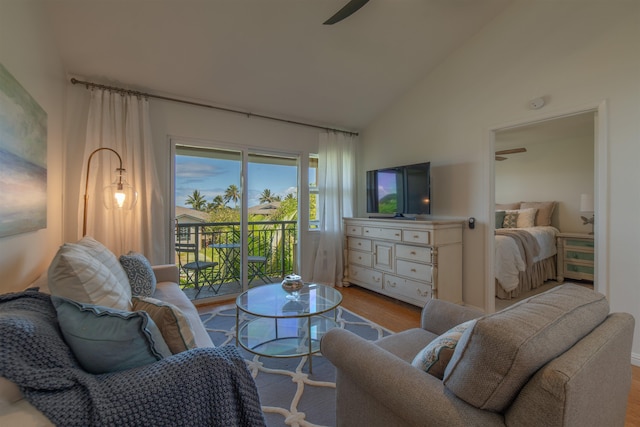 43 Polohina Ln Unit 13-8, Lahaina, HI 96761 - living room with a ceiling fan, wood finished floors, and high vaulted ceiling