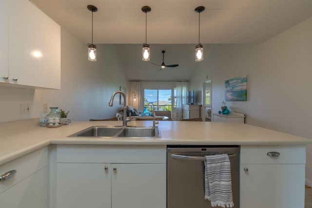 43 Polohina Ln Unit 13-8, Lahaina, HI 96761 - kitchen featuring stainless steel dishwasher, a peninsula, open floor plan, white cabinets, and light countertops