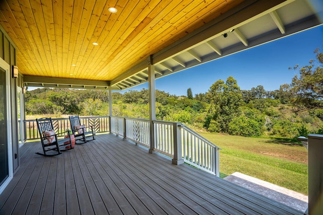 wooden terrace featuring a yard