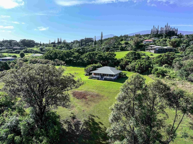 drone / aerial view featuring a mountain view