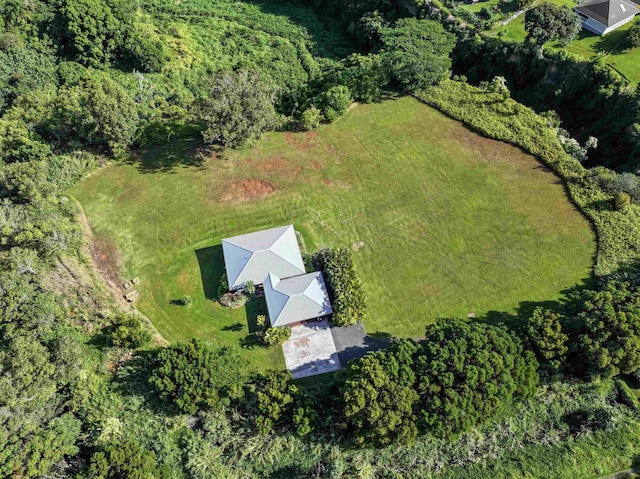 drone / aerial view with a wooded view