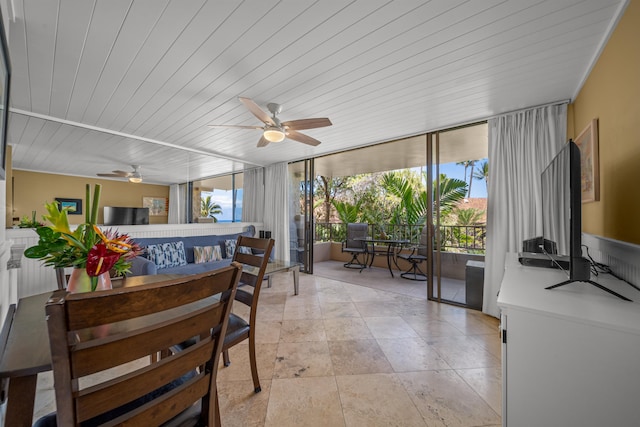 sunroom / solarium featuring wooden ceiling and ceiling fan