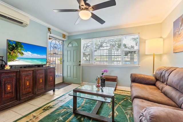 living area with tile patterned flooring, a wall mounted AC, ceiling fan, and ornamental molding