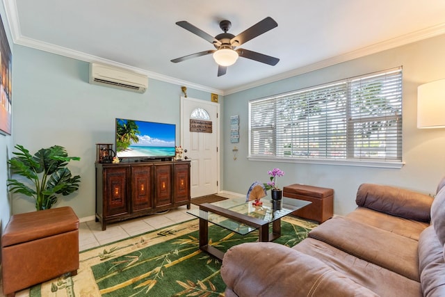 living area featuring a wall mounted AC, light tile patterned floors, and ornamental molding