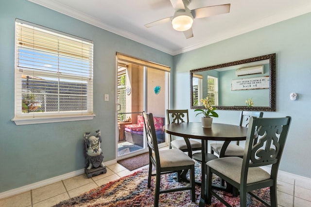 dining room with crown molding, an AC wall unit, light tile patterned floors, and baseboards