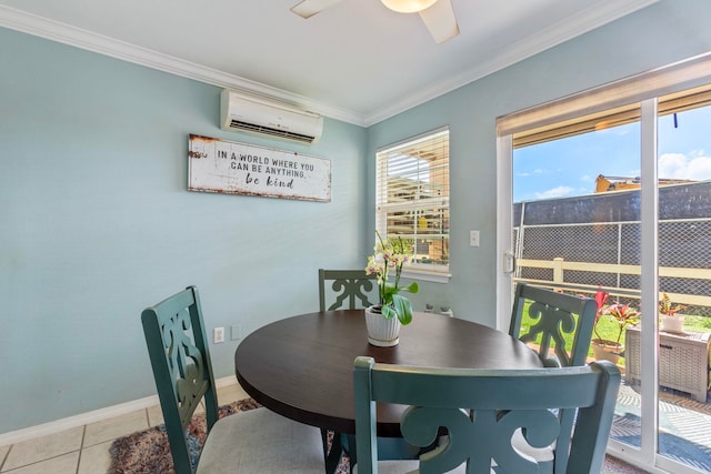 dining area featuring a ceiling fan, a wall mounted AC, crown molding, light tile patterned floors, and baseboards