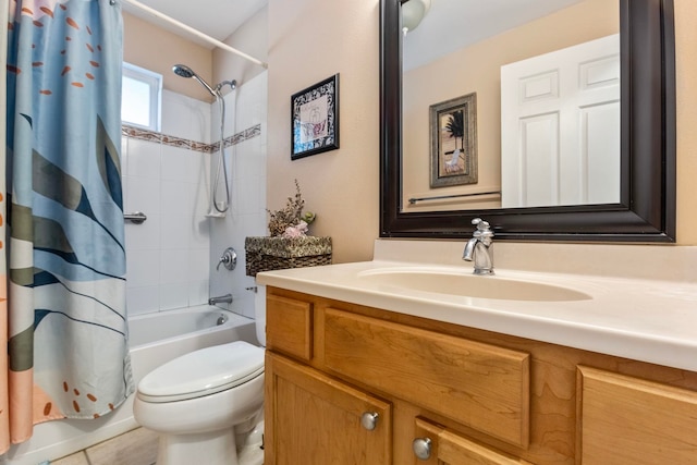 full bathroom featuring vanity, toilet, and shower / tub combo with curtain