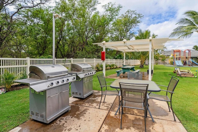 view of patio featuring outdoor dining area, a grill, a playground, and fence