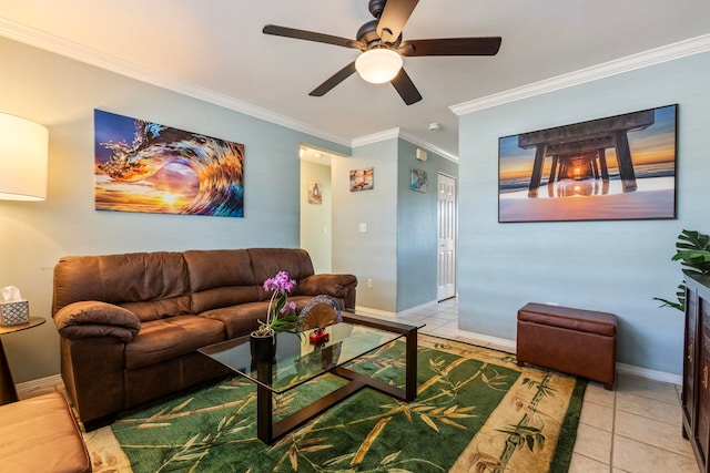 living room featuring light tile patterned floors, baseboards, and crown molding