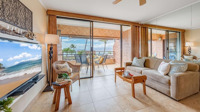 tiled living room featuring ceiling fan