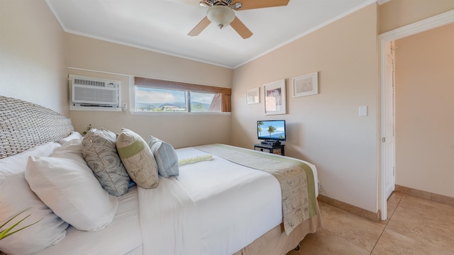 bedroom featuring an AC wall unit, ceiling fan, light tile patterned floors, and ornamental molding