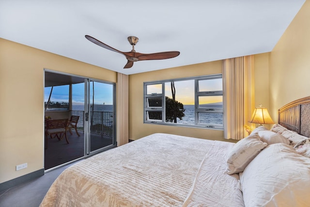 bedroom with access to outside, multiple windows, a ceiling fan, and baseboards