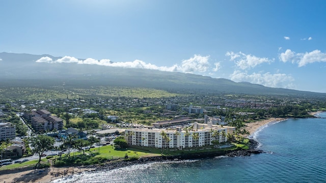 bird's eye view featuring a water and mountain view