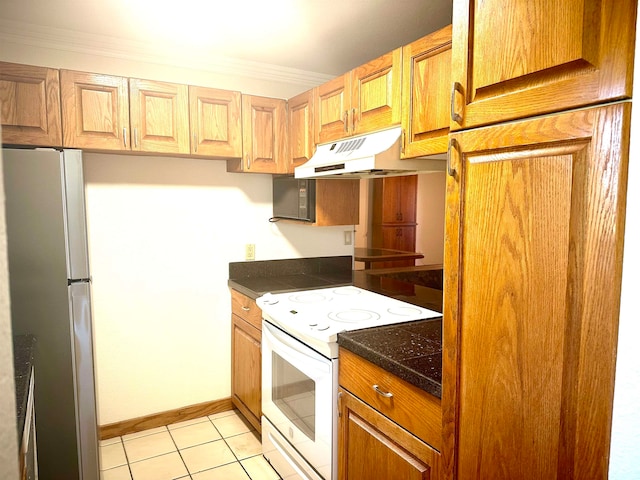 kitchen with ornamental molding, white electric range, stainless steel fridge, and light tile patterned floors