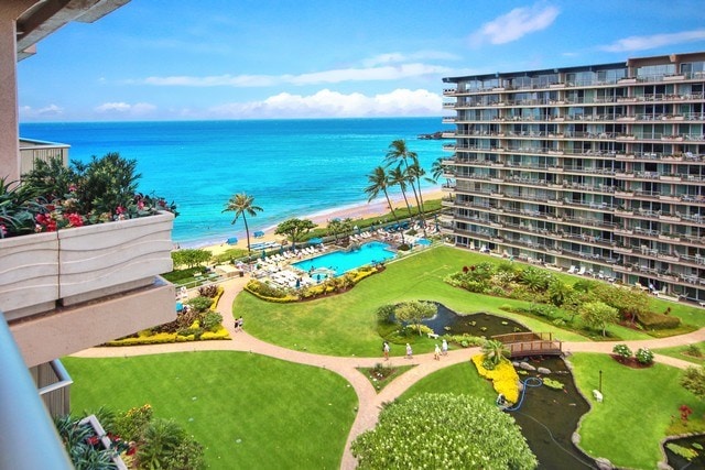 exterior space featuring a view of the beach