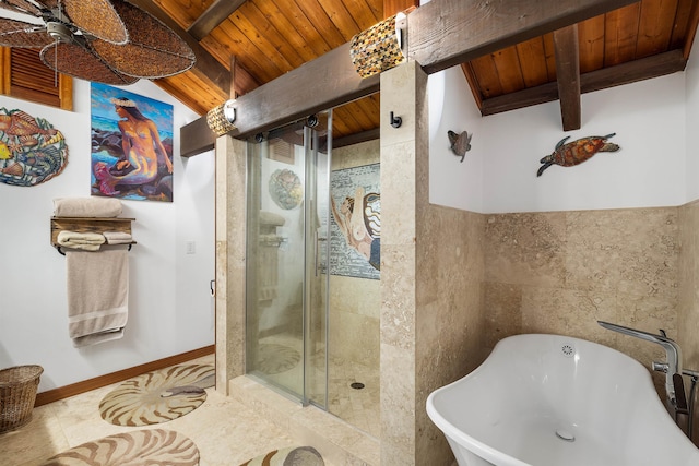 bathroom with tile patterned floors, beamed ceiling, plus walk in shower, and wood ceiling