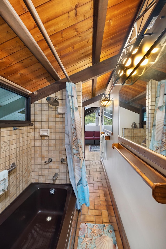 140 Waikoloa Rd, Hana, HI 96713 - full bath with wood ceiling, baseboards, beam ceiling, and shower / tub combo