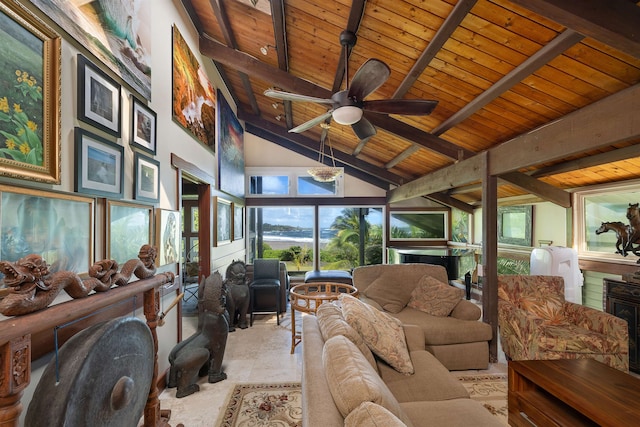 living room featuring beam ceiling, ceiling fan, high vaulted ceiling, and wooden ceiling