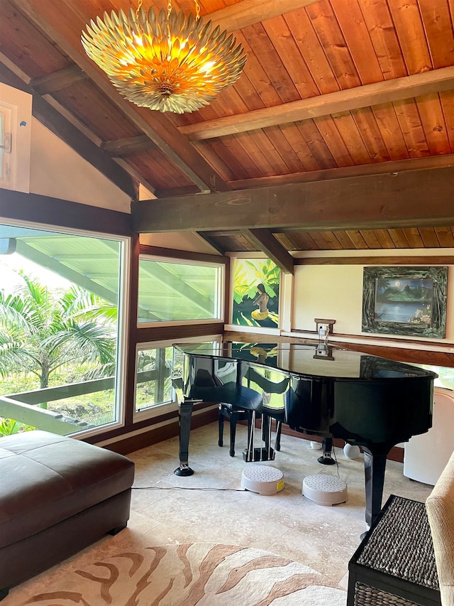 sunroom featuring vaulted ceiling with beams and wooden ceiling