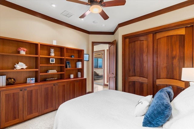 85 Lau Awa Pl, Lahaina, HI 96761 - bedroom featuring ornamental molding, a closet, light carpet, and ceiling fan