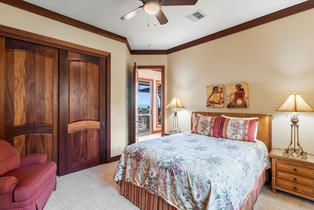 85 Lau Awa Pl, Lahaina, HI 96761 - carpeted bedroom featuring access to exterior, crown molding, a ceiling fan, and a closet