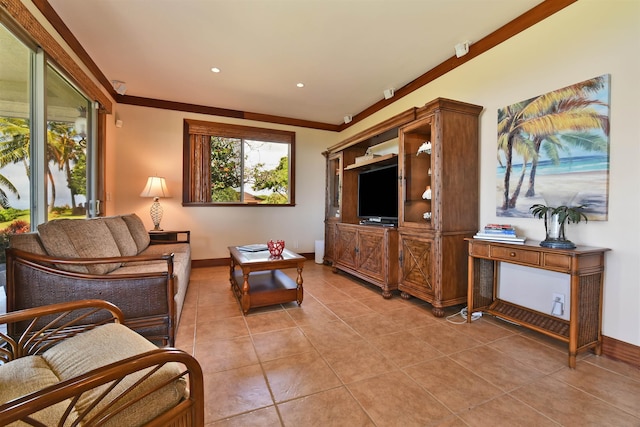 85 Lau Awa Pl, Lahaina, HI 96761 - living area with light tile patterned floors, baseboards, ornamental molding, and recessed lighting