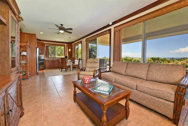85 Lau Awa Pl, Lahaina, HI 96761 - living area with a ceiling fan, light tile patterned floors, and recessed lighting