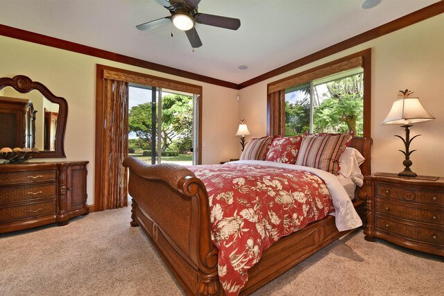 85 Lau Awa Pl, Lahaina, HI 96761 - bedroom with light colored carpet, access to exterior, ceiling fan, and ornamental molding