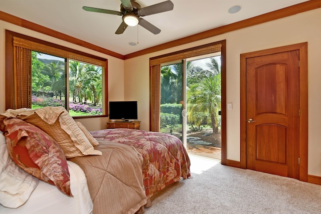 85 Lau Awa Pl, Lahaina, HI 96761 - bedroom featuring access to exterior, multiple windows, carpet floors, and ceiling fan