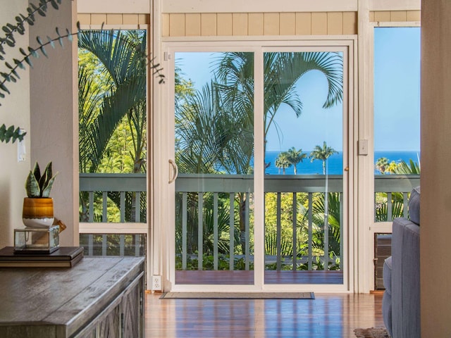 entryway featuring a water view