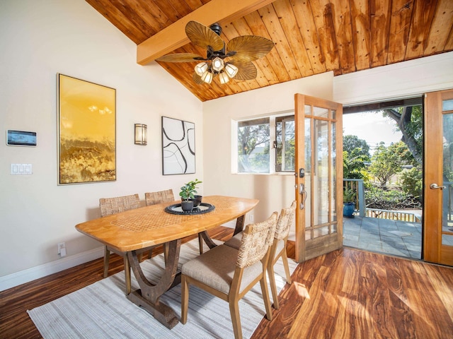 dining area with wooden ceiling, wood-type flooring, ceiling fan, french doors, and lofted ceiling