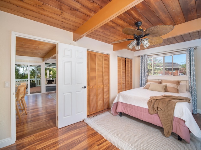 bedroom featuring dark wood-type flooring, wooden ceiling, ceiling fan, access to exterior, and beamed ceiling