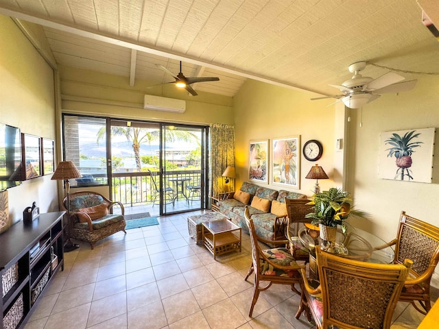 tiled living room featuring lofted ceiling, a wall mounted AC, and ceiling fan