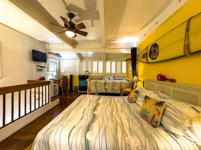 bedroom with beamed ceiling, dark hardwood / wood-style flooring, and ceiling fan