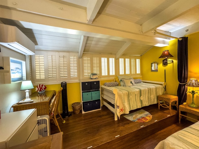 bedroom featuring multiple windows, beam ceiling, wooden ceiling, and dark hardwood / wood-style floors