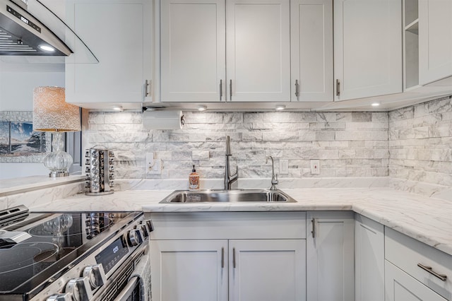1002 S Kihei Rd Unit 205, Kihei, HI 96753 - kitchen featuring stainless steel range with electric cooktop, a sink, tasteful backsplash, under cabinet range hood, and white cabinets