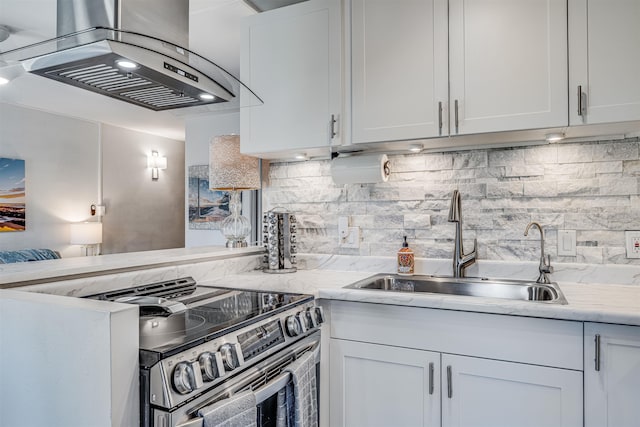 1002 S Kihei Rd Unit 205, Kihei, HI 96753 - kitchen with stainless steel range with electric stovetop, a sink, wall chimney range hood, and backsplash