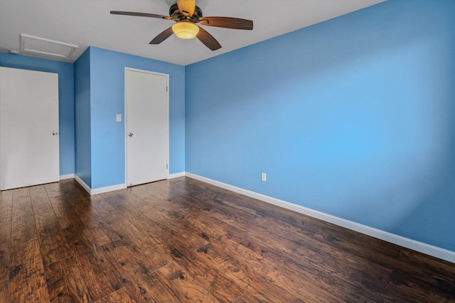 unfurnished bedroom with ceiling fan and hardwood / wood-style flooring