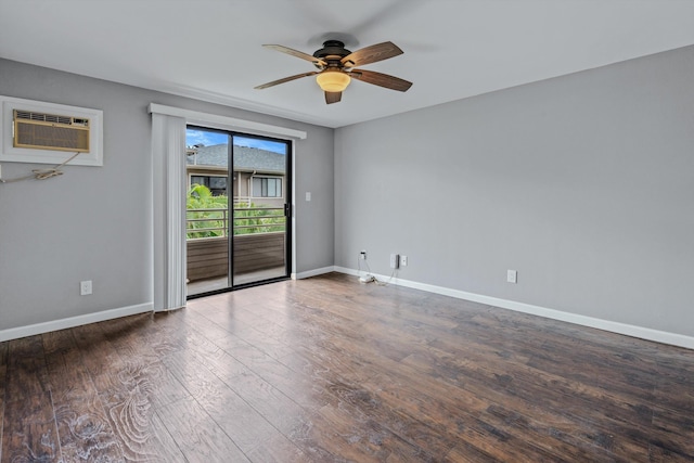 unfurnished room with ceiling fan, a wall mounted AC, and dark hardwood / wood-style floors