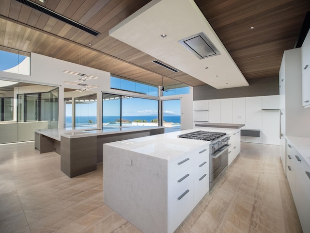 kitchen with a water view, a kitchen island, white cabinetry, and wooden ceiling