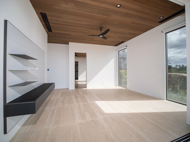 interior space with ceiling fan and wood ceiling