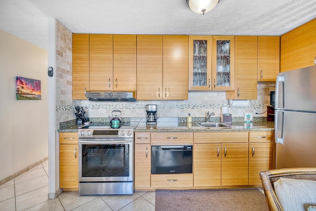 kitchen with appliances with stainless steel finishes, stone counters, sink, and decorative backsplash