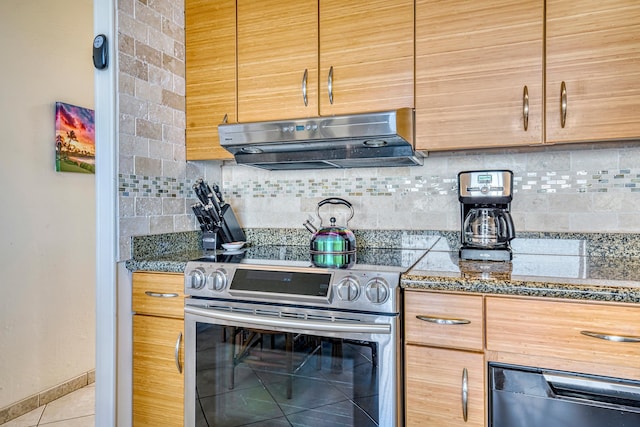 kitchen with decorative backsplash, dark stone countertops, stainless steel electric stove, and light tile patterned floors