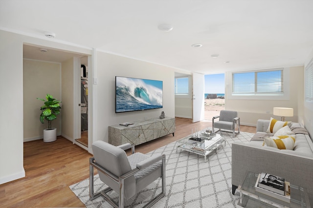 living room with baseboards and light wood finished floors