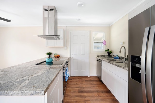kitchen with island exhaust hood, ornamental molding, stainless steel appliances, dark wood-type flooring, and a sink