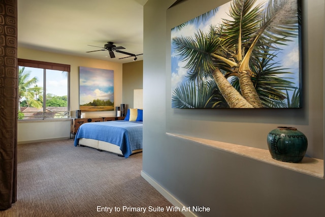 bedroom featuring carpet and ceiling fan